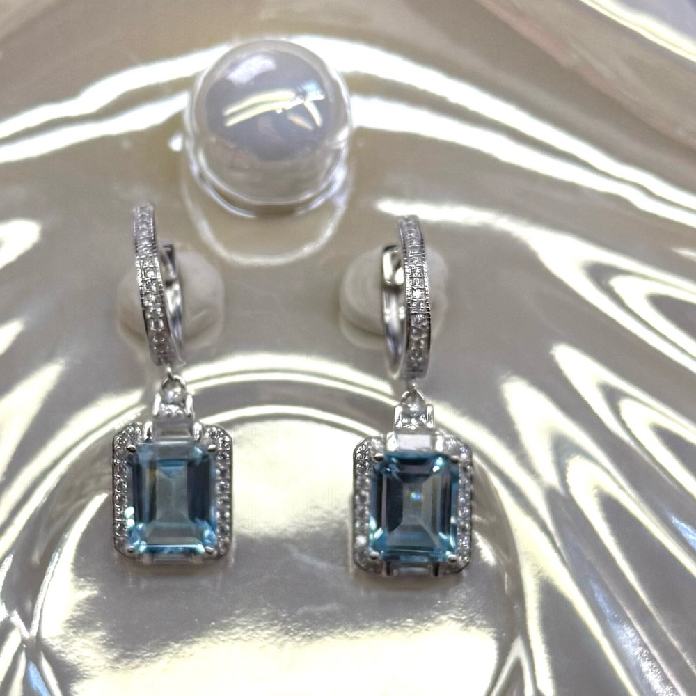 ET1 6.9CT Natural SWISS Blue Topaz Dangling Huggies Rhodium Sterling Silver S925 - Picture 6 of 6